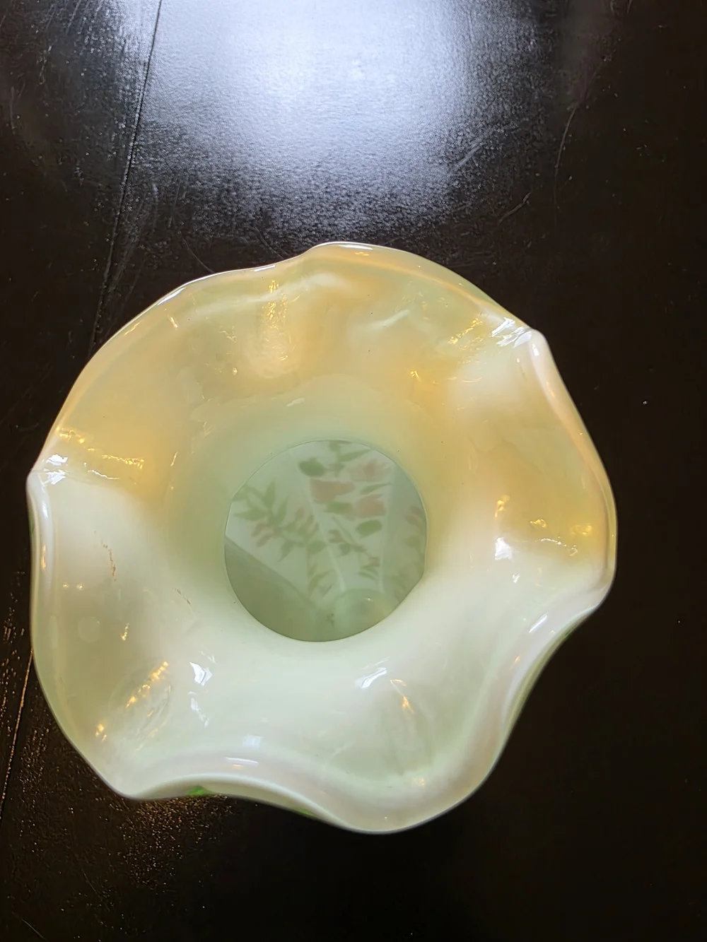 Fenton Opaline Green Cased Glass Ruffle Vintage Floral Hand Painted Roses Vase
